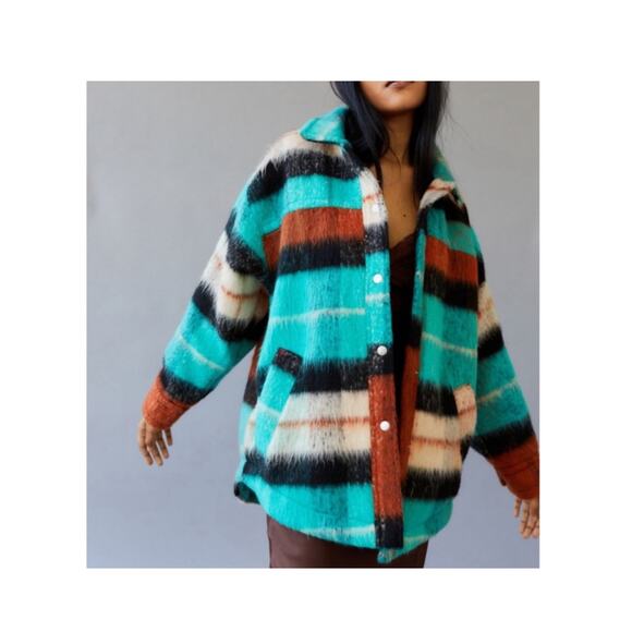 BDG Women's Brushed Fuzzy Wool Blend Oversized Teal Plaid Jacket Size Small - Picture 2 of 14